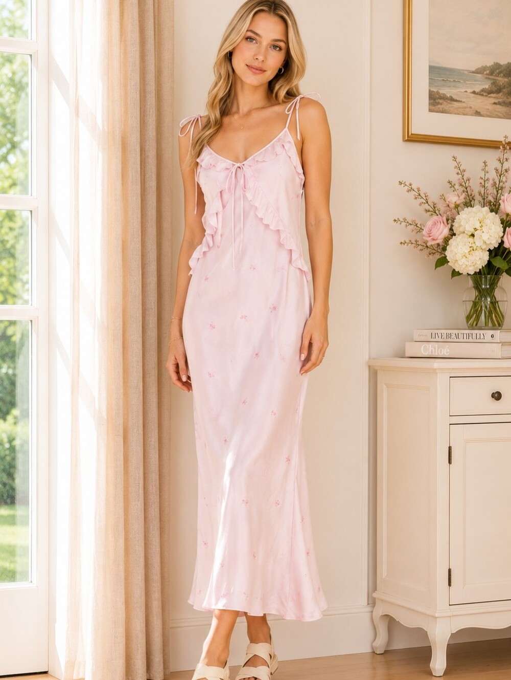 NWOT Wild Fable Pink Satin Ruffle Tie-Front Slip Dress Purple Pale XS 0 2 4 Boho - Picture 7 of 7
